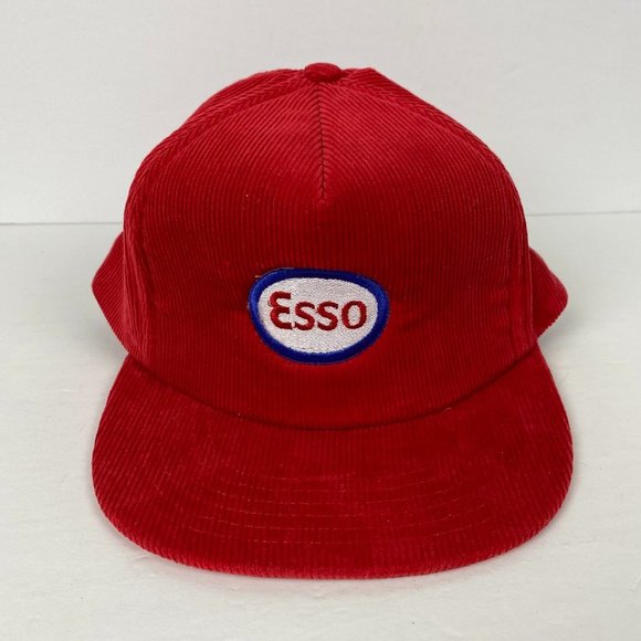 Other - Vintage Esso Corduroy Snapback Hat Cap Mens Red Gas Gasoline Oil
